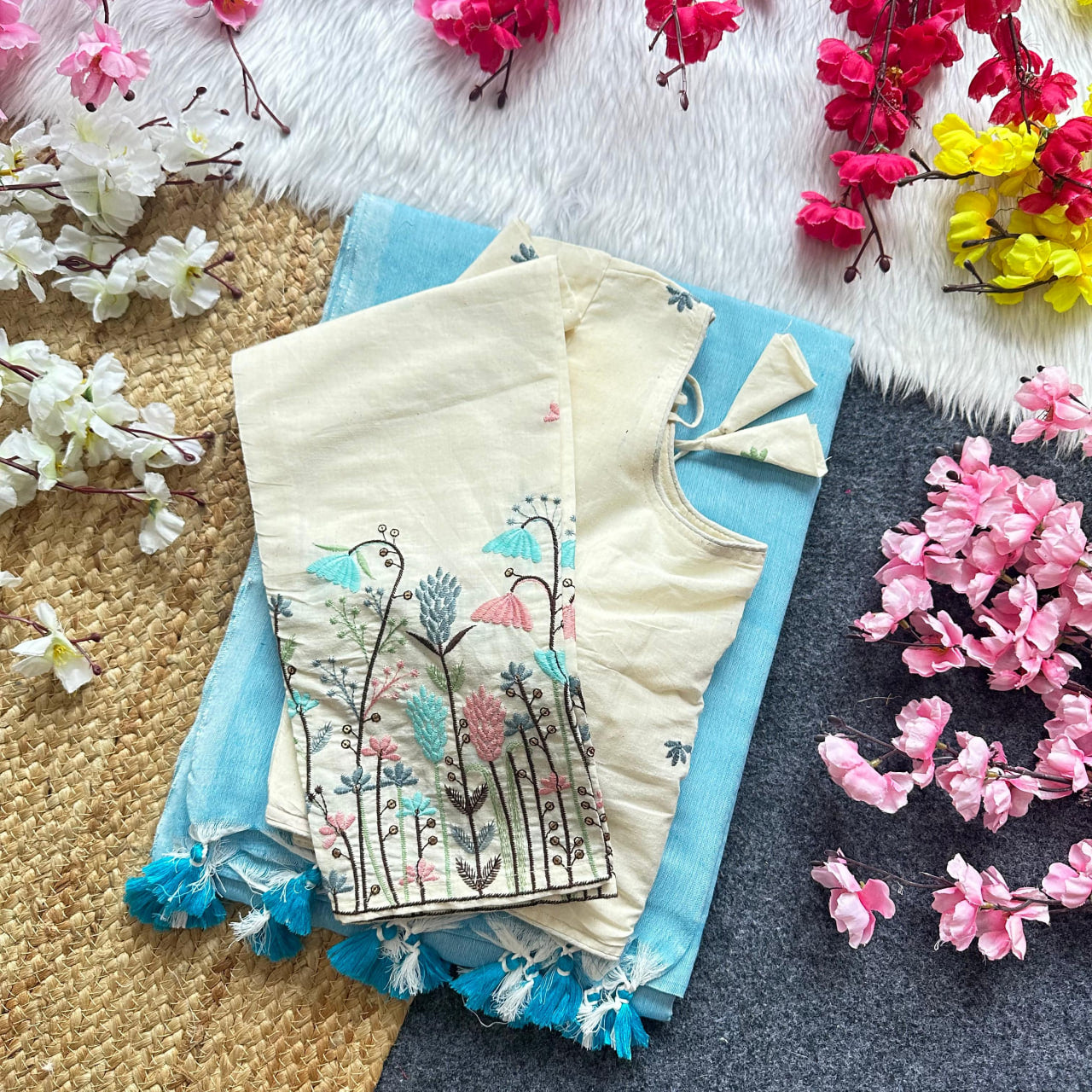 Pura Handloom Khadi Cotton Saree With Double Blouse HK18