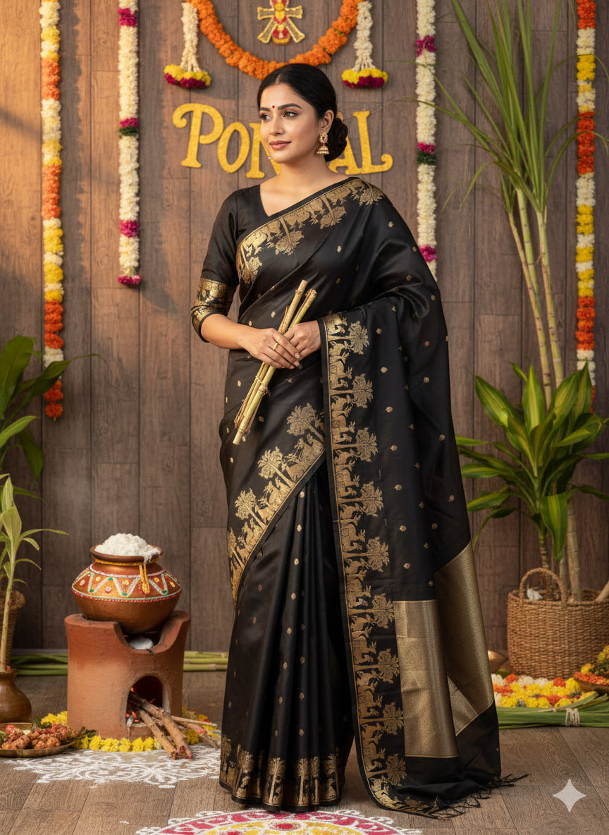Pongal Black Banarasi Saree